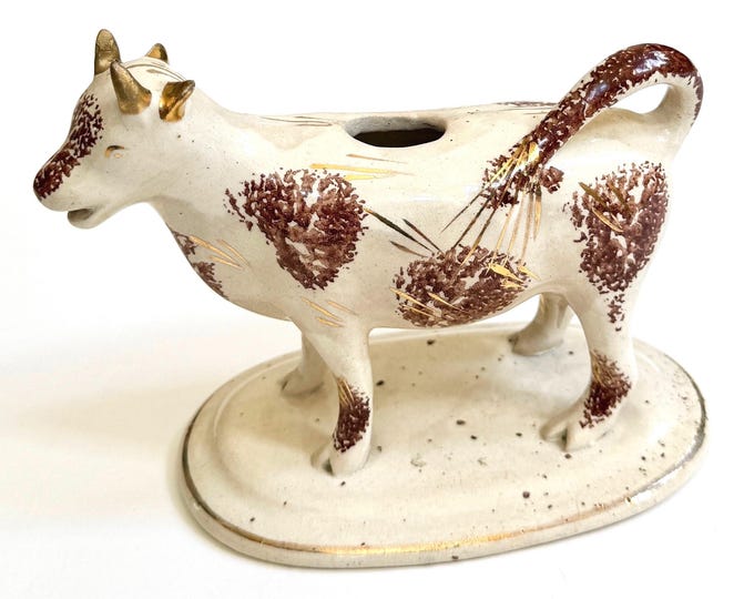 Antique Staffordshire Cow Creamer English Bisque Spongeware with Gold Accents