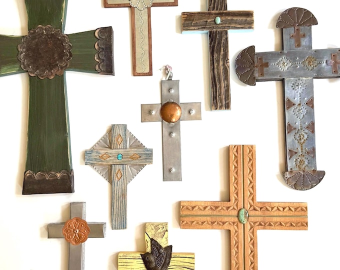 Folk Art Wood Cross Vintage Signed Southwest Western Religious Crucifix Wall Decor Wool Aged Metal Turquoise Punched Tin Copper