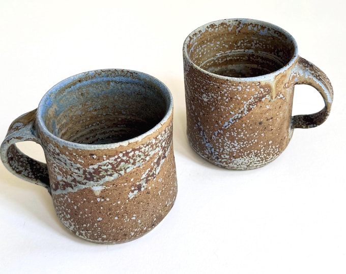 Speckled Studio Pottery Mug Set of 2 Coffee Tea Mugs Cups Signed Studio Pottery Beige Blue Brown Handmade Glazed Pottery