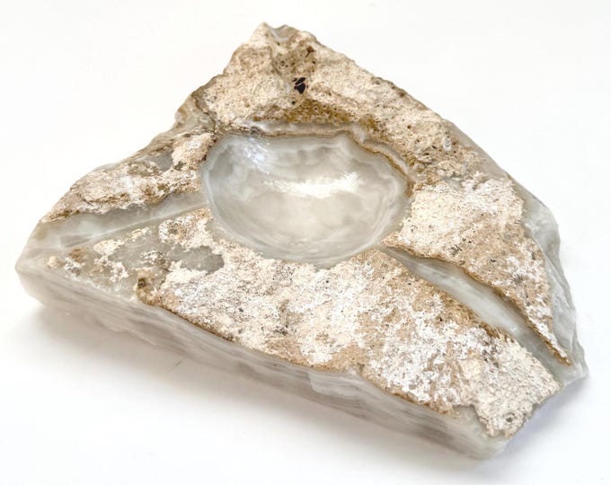 MCM Stone Slab Ashtray Vintage Carved Natural Milky White Stone Decorative Dish Mid Century 40s 50s 60s Heavy Solid