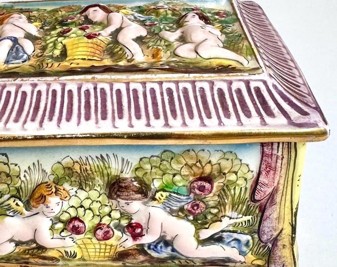 Italian Ceramic Cherub Box Made in Italy Vintage Mid Century Lidded Trinket Box Numbered 47/81 Raised Angels Cherubs Floral Capodimonte