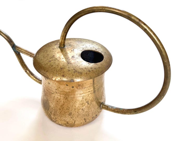 Solid Brass Watering Can Vintage Handmade 60s 70s Long Slim Skinny Spout and Sculptural Round Handle Gift for Gardener