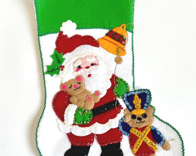Vintage Handmade Felt Stocking White with Pieced Felt Sequin Details Christmas Holiday Decor Santa Claus Teddy Bear Soldier