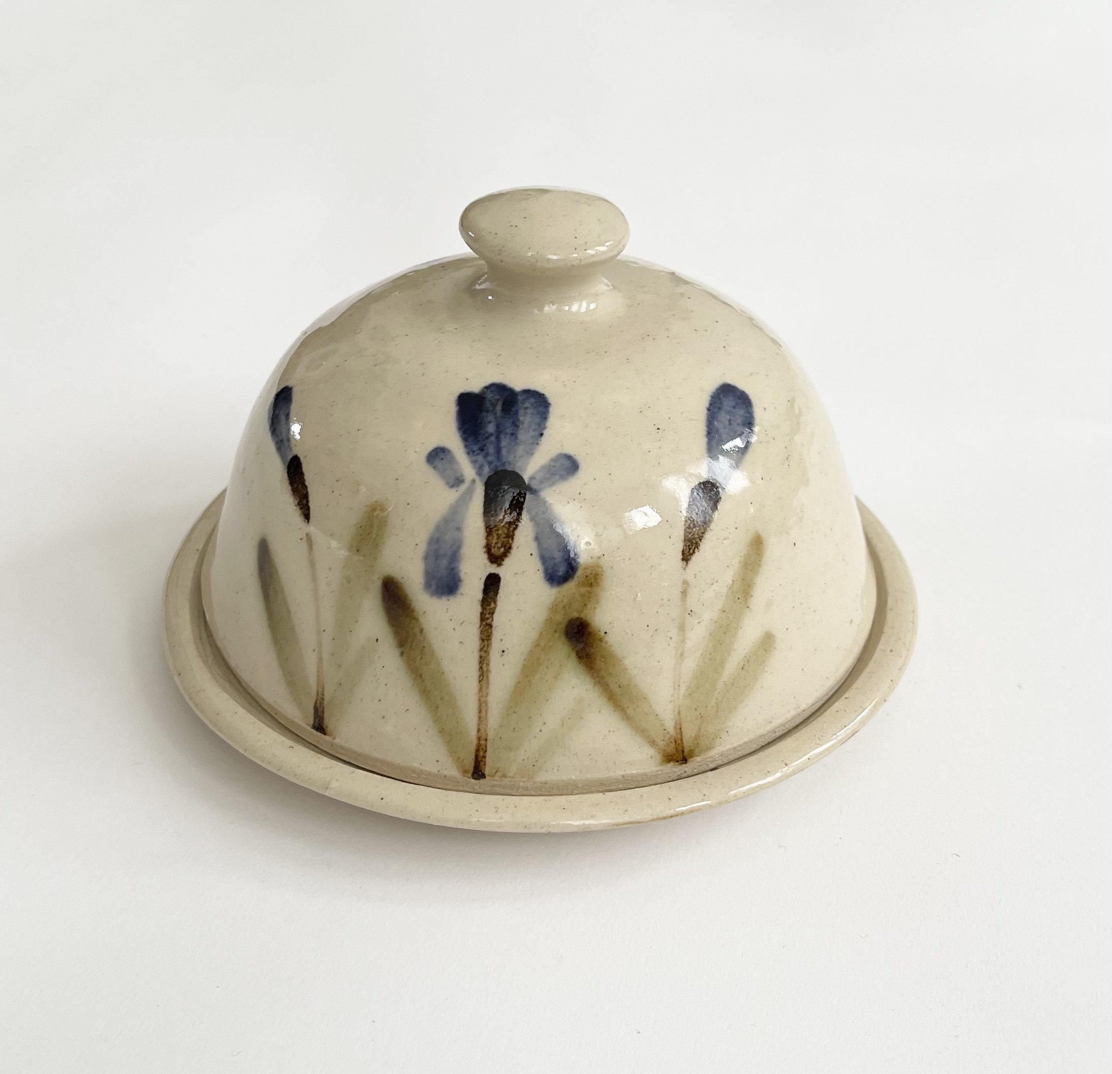 Speckled Pottery Covered Dish Butter Dish Hand Painted Blue Flowers