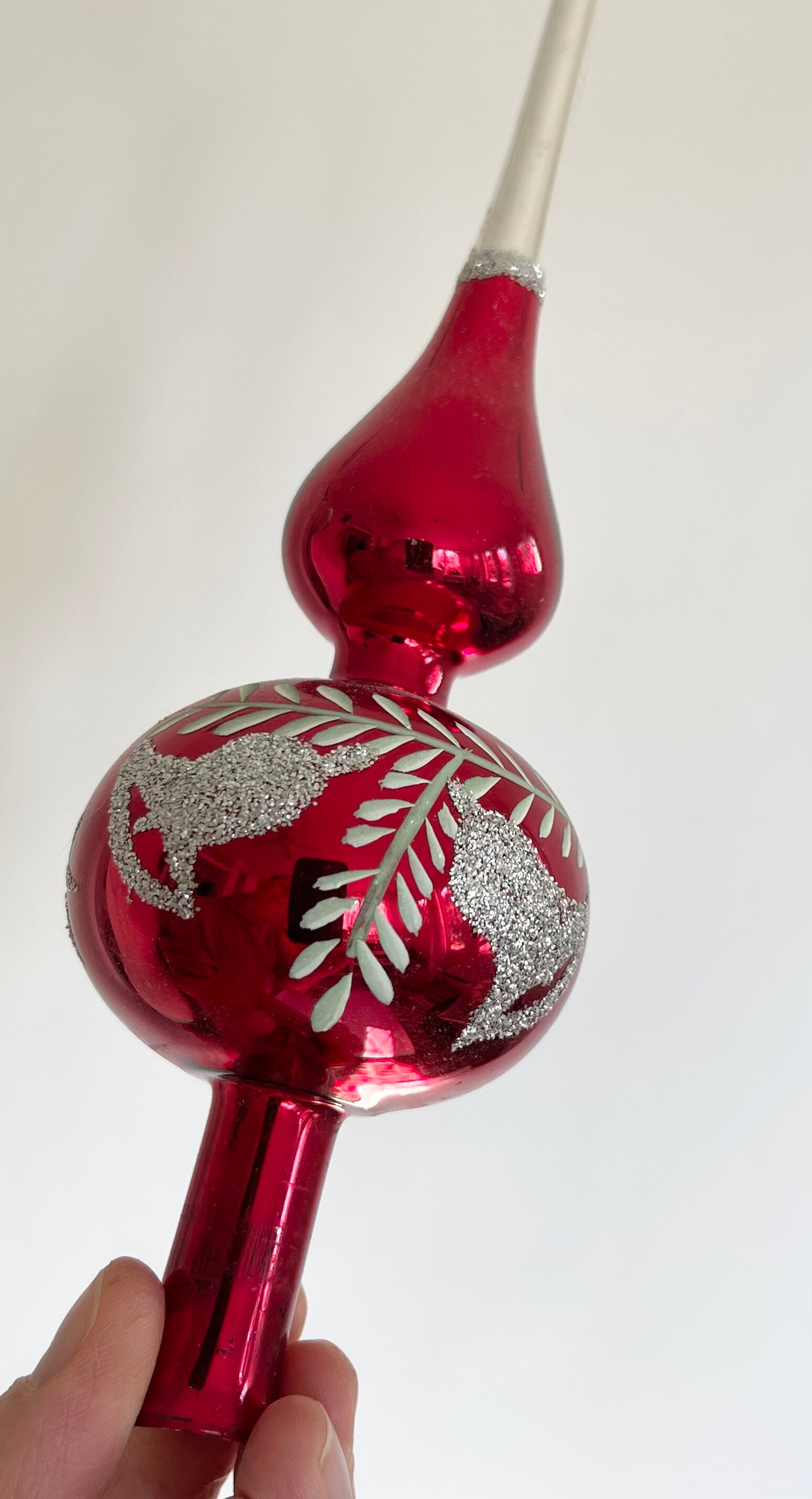 Vintage Glass Tree Topper Delicate Red Silver Glitter Bells Hand