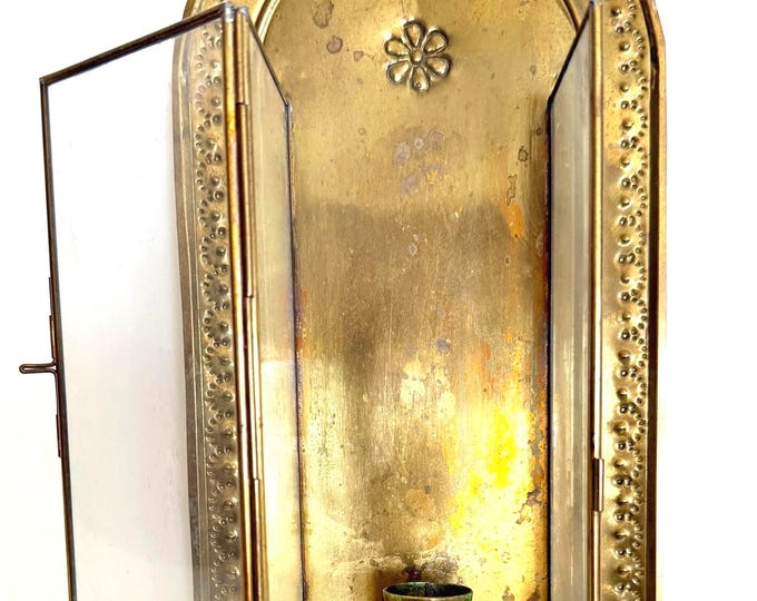 Vintage Punched Metal Candle Lantern Wall Mount Glass Nicho Southwest Style