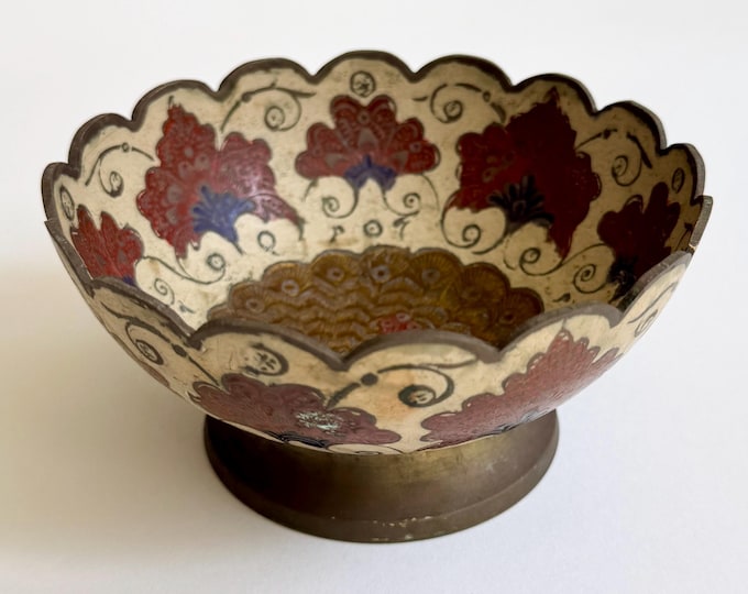 70s Brass Peacock Bowl Trinket Dish Decorative Dish Made in India Vintage Solid Brass Colored Enamel Floral Scroll Animal Bird Boho Eclectic