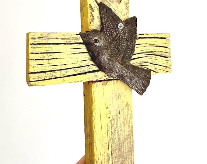 Southwest Folk Art Cross Painted Washed Yellow Wood Aged Metal Bird Handmade Southwest Religious Wall Hanging Wall Decor