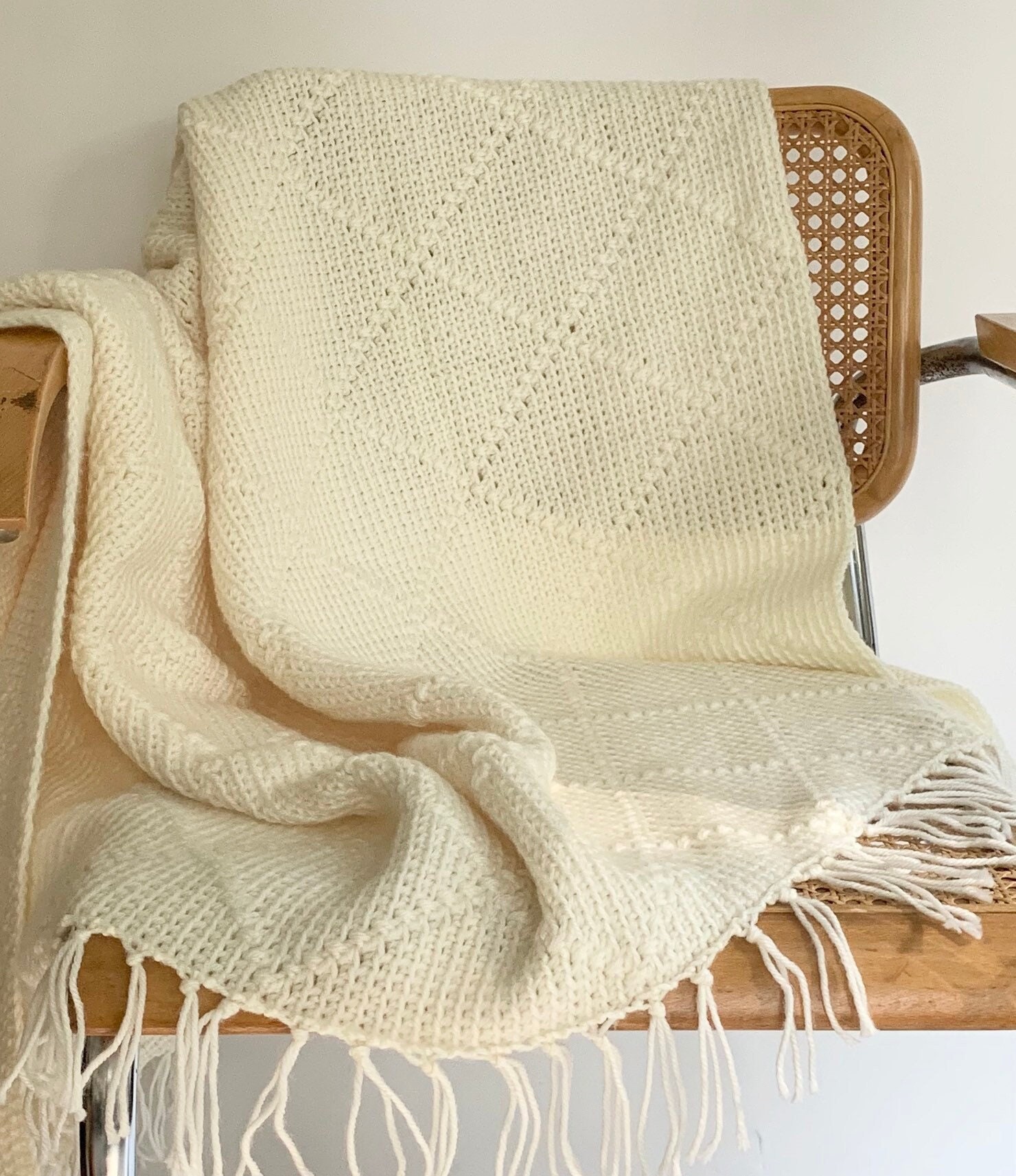 White Hand Crochet Throw Blanket Afghan Handmade Hand Knit Vintage