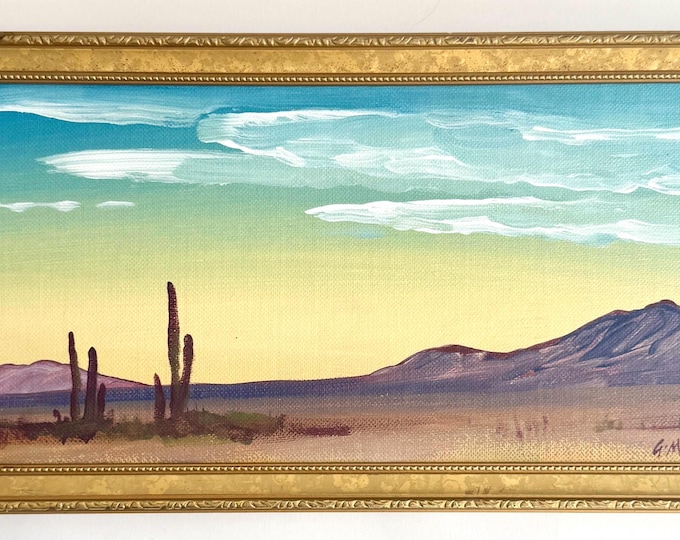Desert Landscape Oil Painting Original Art Signed American Southwest Western Saguaro Cactus Mountain Blue Earth Tone Framed Horizontal