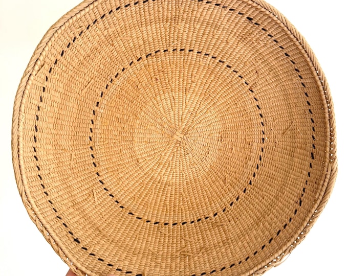Large Vintage Gathering Basket Bowl 17" Diameter Likely of South American Origin Round Circle Baskets Boho Minimalist Coffee Table Table