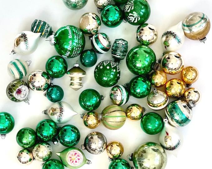 Vintage Glass Christmas Ornament Lot: Green, Silver & Gold Shiny Brites (52 Piece)