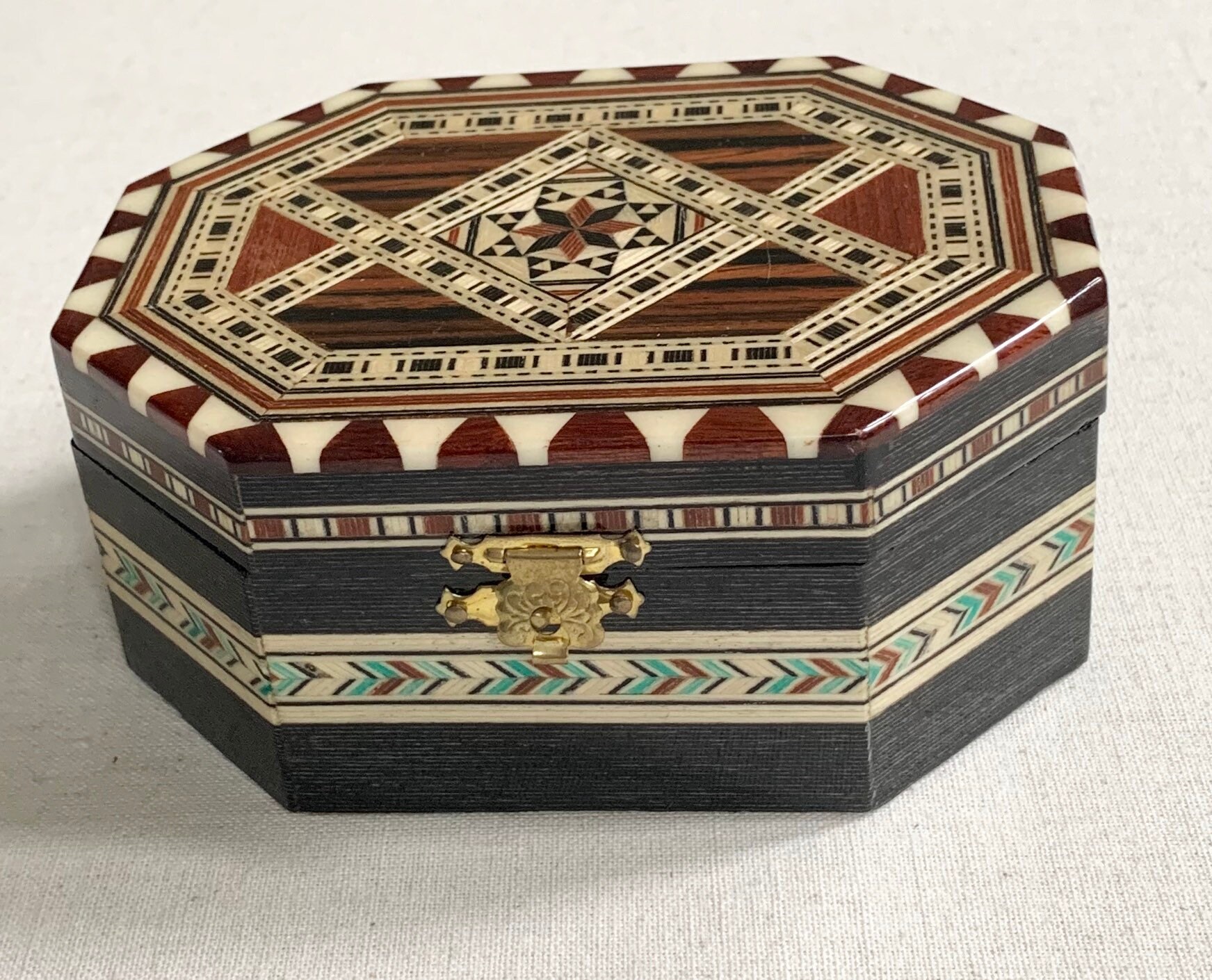 Intricate Wood Inlay Box Vintage Handmade in Spain Wooden Trinket