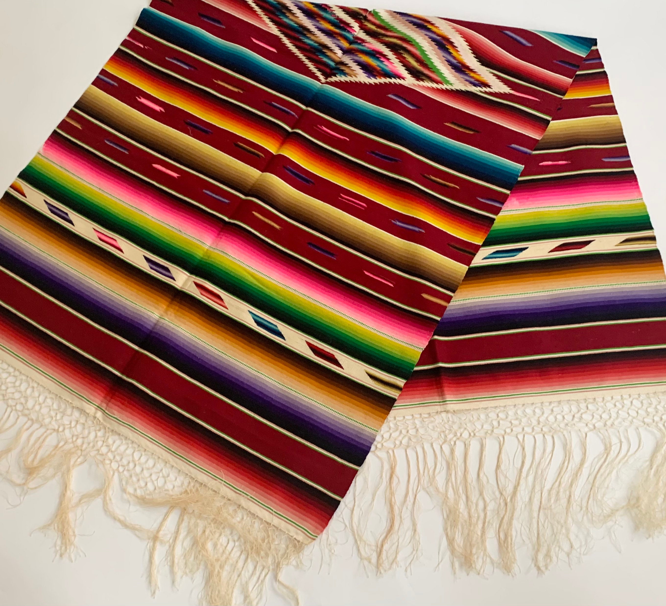 Antique 30s 40s Serape Mexican Throw Blanket Runner Mat Handwoven