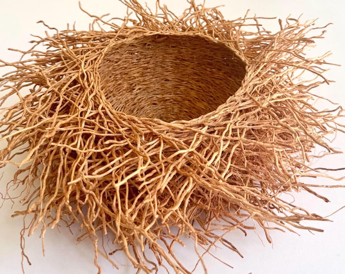 Vetiver Birds Nest Basket Vintage Handwoven 11" Diameter Round Circle Basket Bowl Boho Minimalist Home Decor