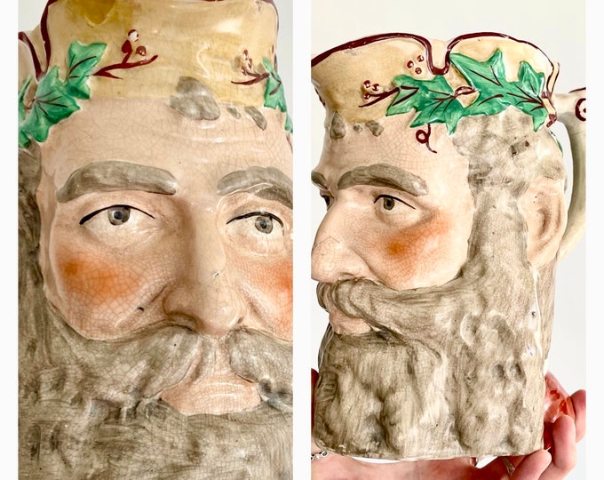 Antique Toby Jug Father Christmas Ivy Crown Aged Patina Staffordshire Royal Doulton Style Pitcher with Man Face