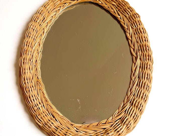 Vintage 70s Oval Woven Rattan Wall Mirror Boho Home Decor