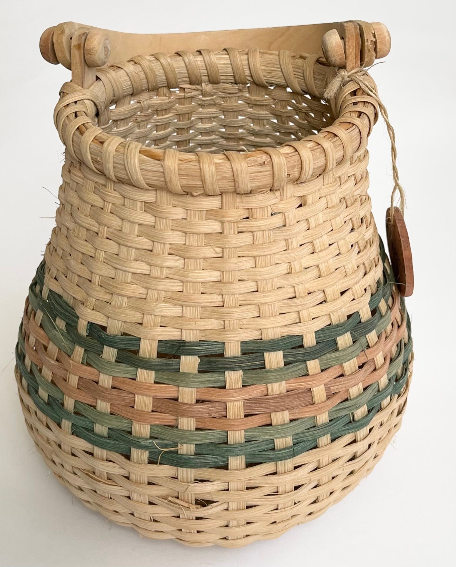 Handmade Bucket Basket with Wood Handle Vintage 90s Artist Maker Signed