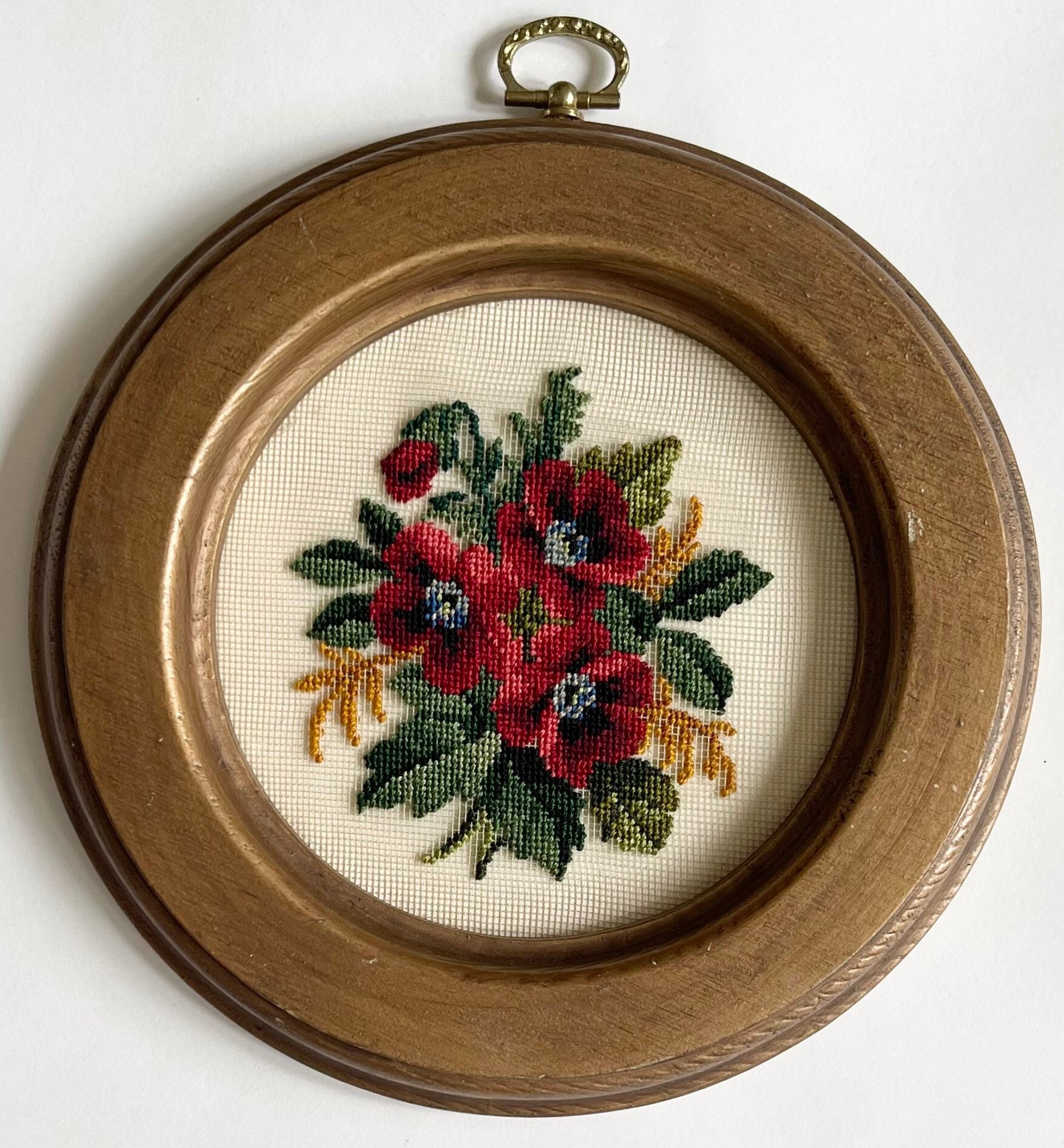 Needlepoint Floral Flower Wall Hanging Wall Art Decor Vintage 80s