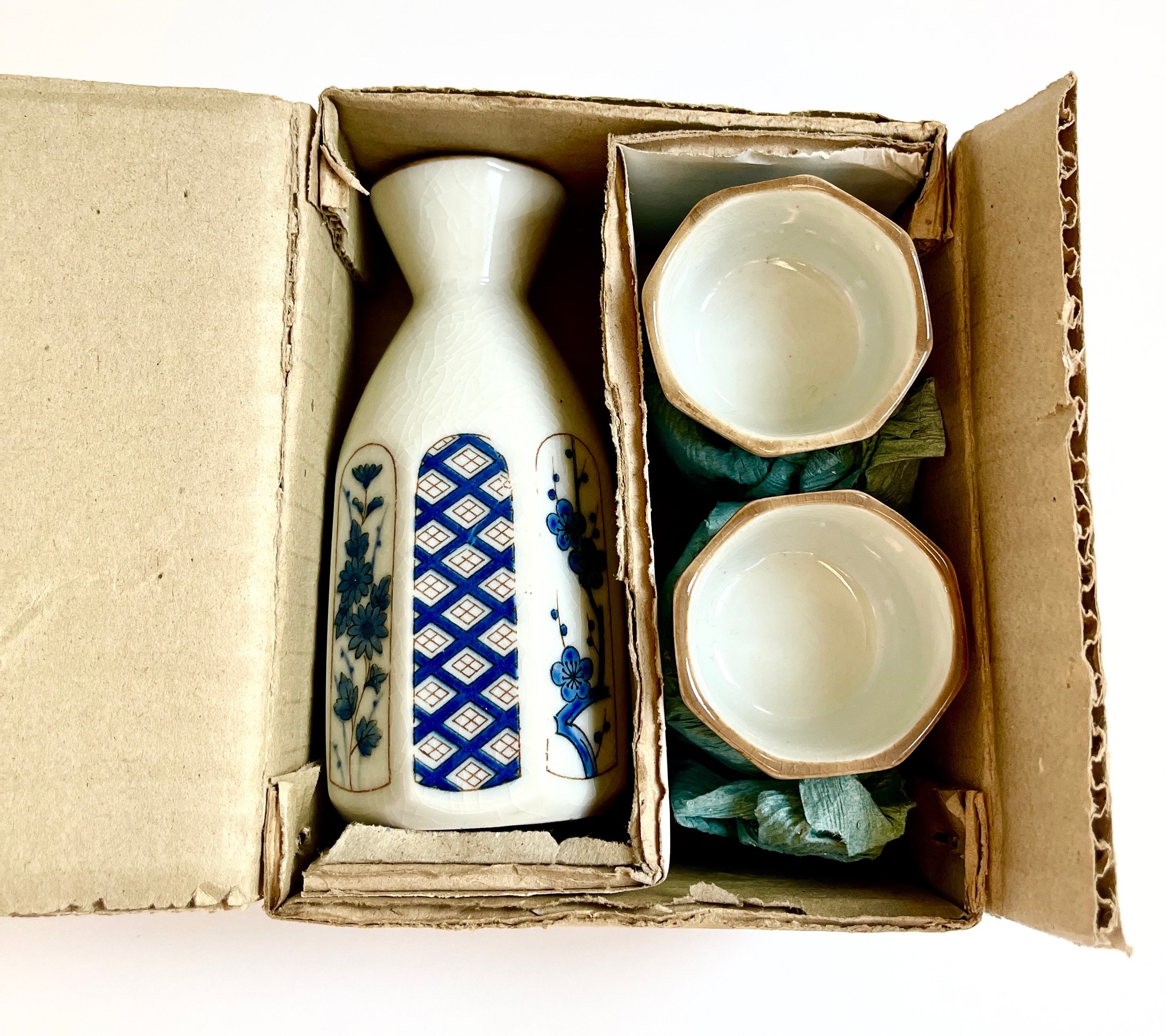 OMC Japan Sake Set Sake Glasses Sake Carafe Vintage Japanese Blue White