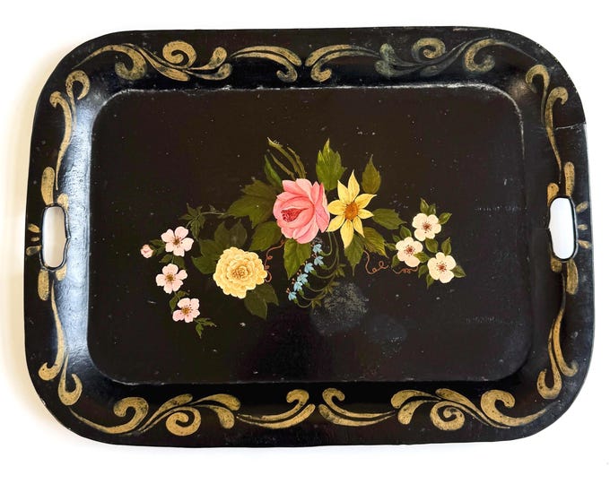 Large Hand Painted Floral Decorative Serving Tray Black Metal Rectangle French Farmhouse Cottage Core