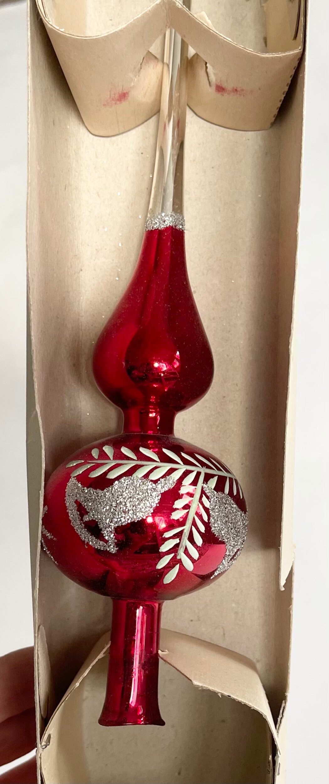 Vintage Glass Tree Topper Delicate Red Silver Glitter Bells Hand