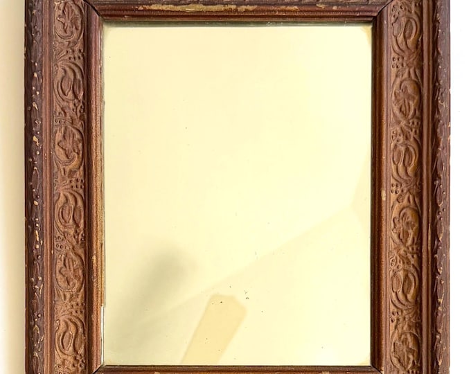 Vintage Floral Carved Wood Mirror Rustic Handmade Wall Decor