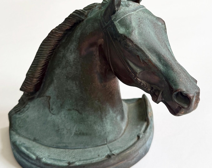Heavy Horse Head Bookend Vintage Equestrian Horse Head Hunting Polo Gladys Brown Dodge Office Library Decor Very Aged Patina Cast Metal