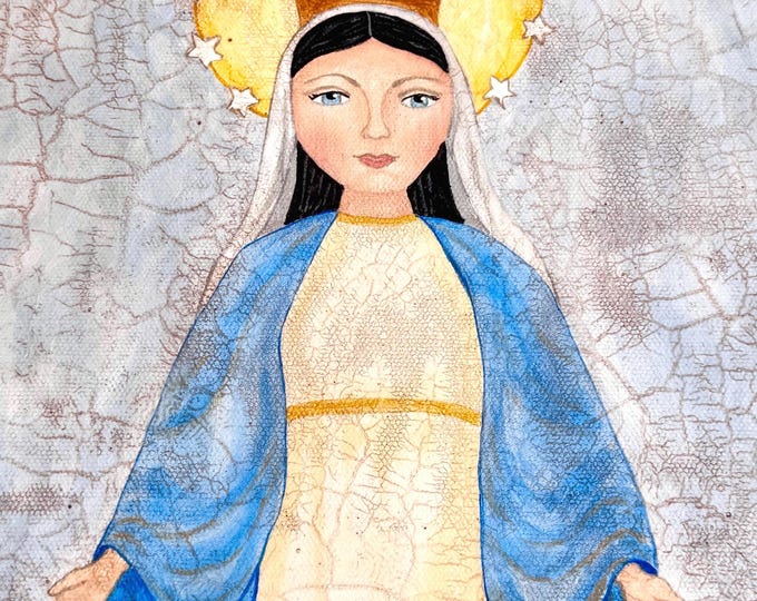 Folk Art Virgin Mary Painting Original Vintage Southwest Art Female Saint Angel Artist Signed Homer