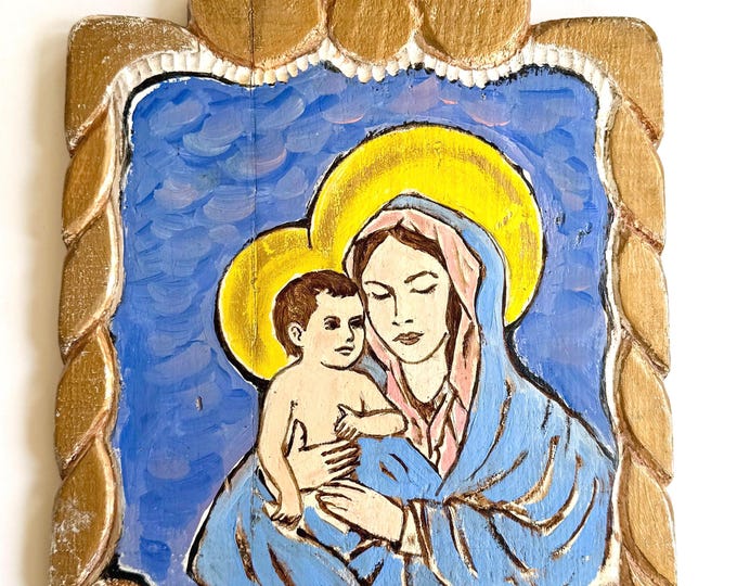 Religious Folk Art Retablo Signed Taos New Mexico Folk Art Carved Wood Painting Wall Hanging Rustic Southwest Mary Jesus Madonna and Child