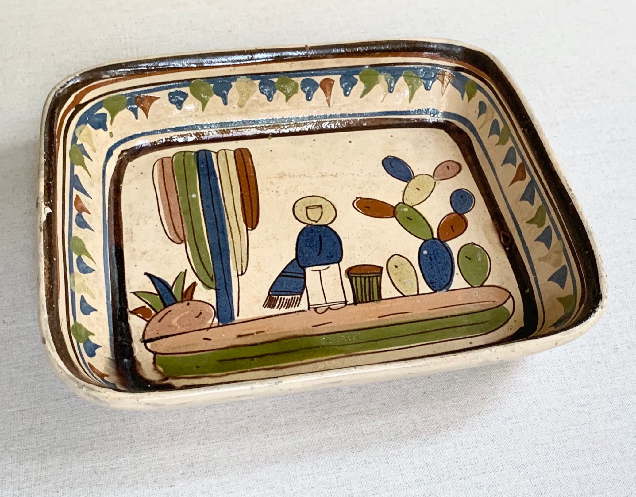 Mexican Ceramic Clay Bowl Platter Hand Painted Made in Mexico Folk Art
