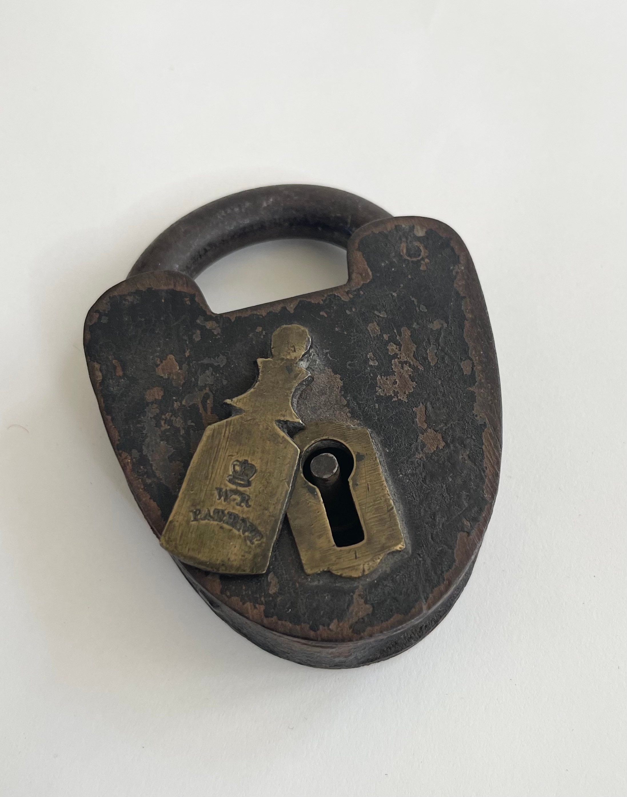 Vintage WR Patent Padlock Cast Iron with Brass Keyhole Cover Vintage