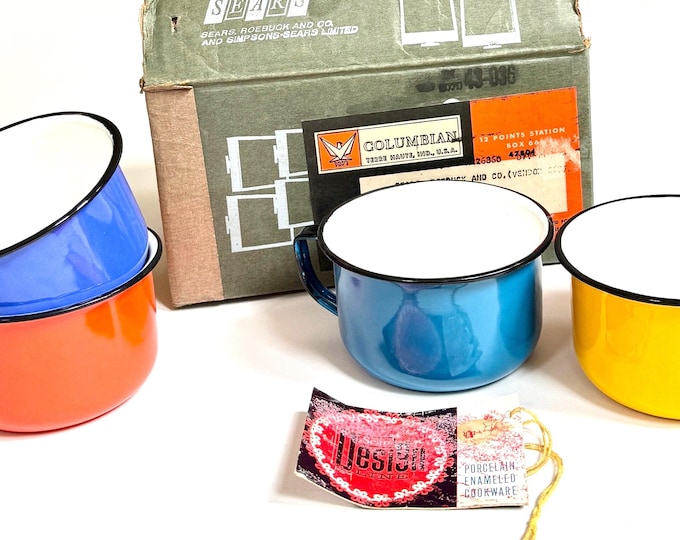 Mid Century Enamelware Mug Set Vintage Sears Atomic Colors