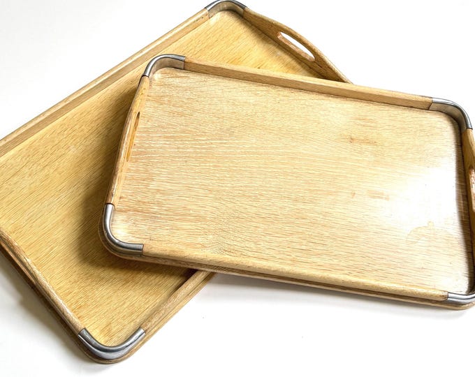 Mid Century Japan Wood Tray Set Vintage 50s 60s Blonde Wood Rectangle Nesting Trays Chrome Corners Sleek Minimalist Sculptural Made in Japan