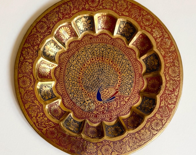 70s Brass Peacock Dish Catchall Trinket Ashtray Decorative Bird Etched Solid Brass Colored Enamel Floral Scroll Animal Boho Eclectic