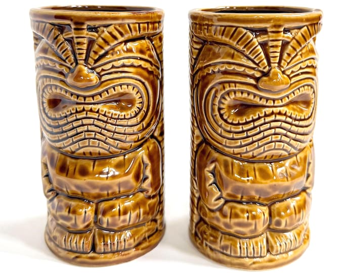Vintage Brown Tiki Mug Set Germaine's Luau Honolulu Hawaii