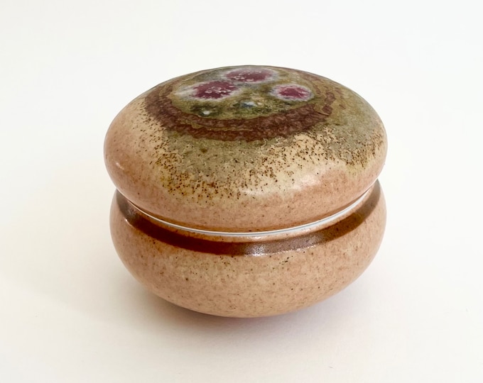 Signed Studio Pottery Box Round Decorative Vintage Art Pottery Neutral Color Trinket Stash Jewelry Lidded Box