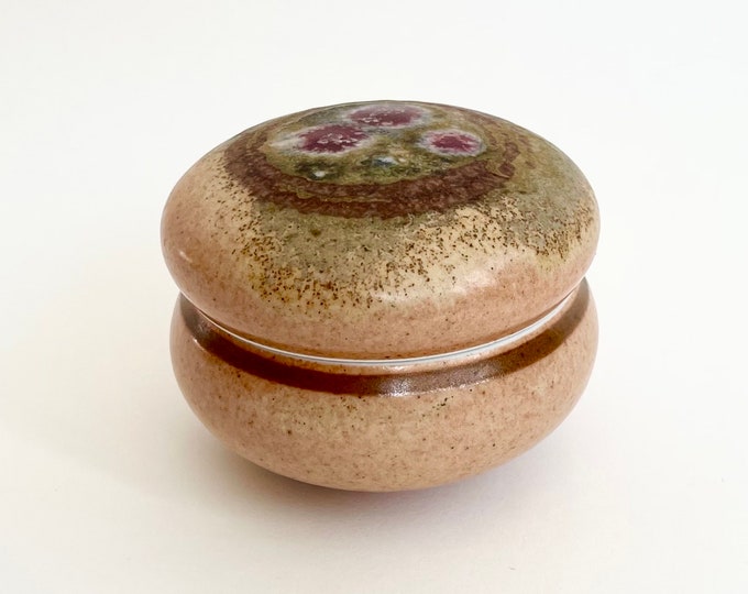 Signed Studio Pottery Box Round Decorative Vintage Art Pottery Neutral Color Trinket Stash Jewelry Lidded Box