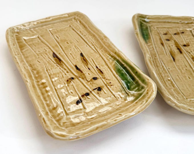Vintage Pottery Sushi Plate Set of 2 Signed Studio Botanical Plant Beige Ceramic Plates Sushi Date Night