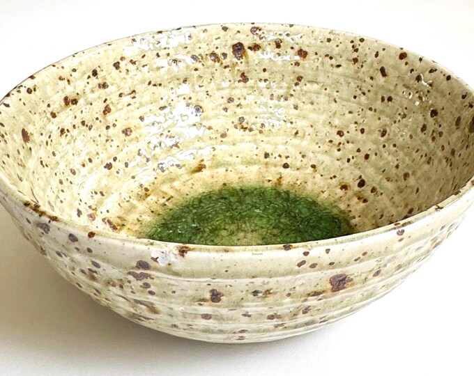 Speckled Beige Pottery Bowl Vintage Studio Pottery Brown Spotted Mottled Translucent Green Glazed Base Large Decorative Serving Japanese