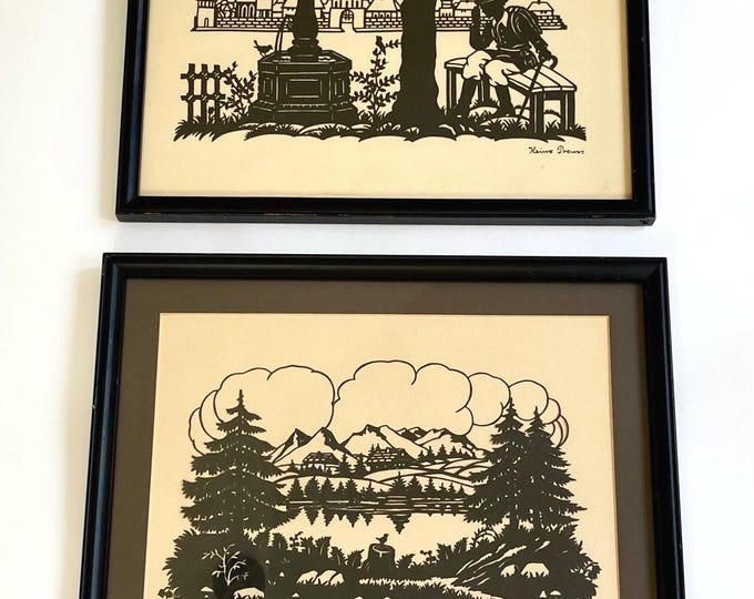 Vintage German Cut Out Art Prints 40s Signed Black & White Landscape Village Forest Mountain Scenes