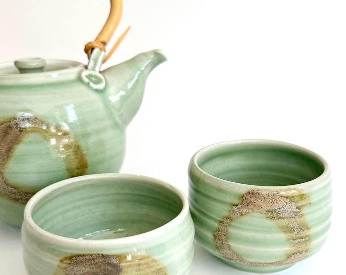 Vintage Ceramic Pottery Tea Set Celadon Green Glazed