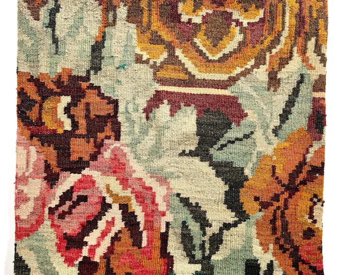 Kilim Wool Rug Pillow Cover Neural Floral Rose Weave 19.5" Square