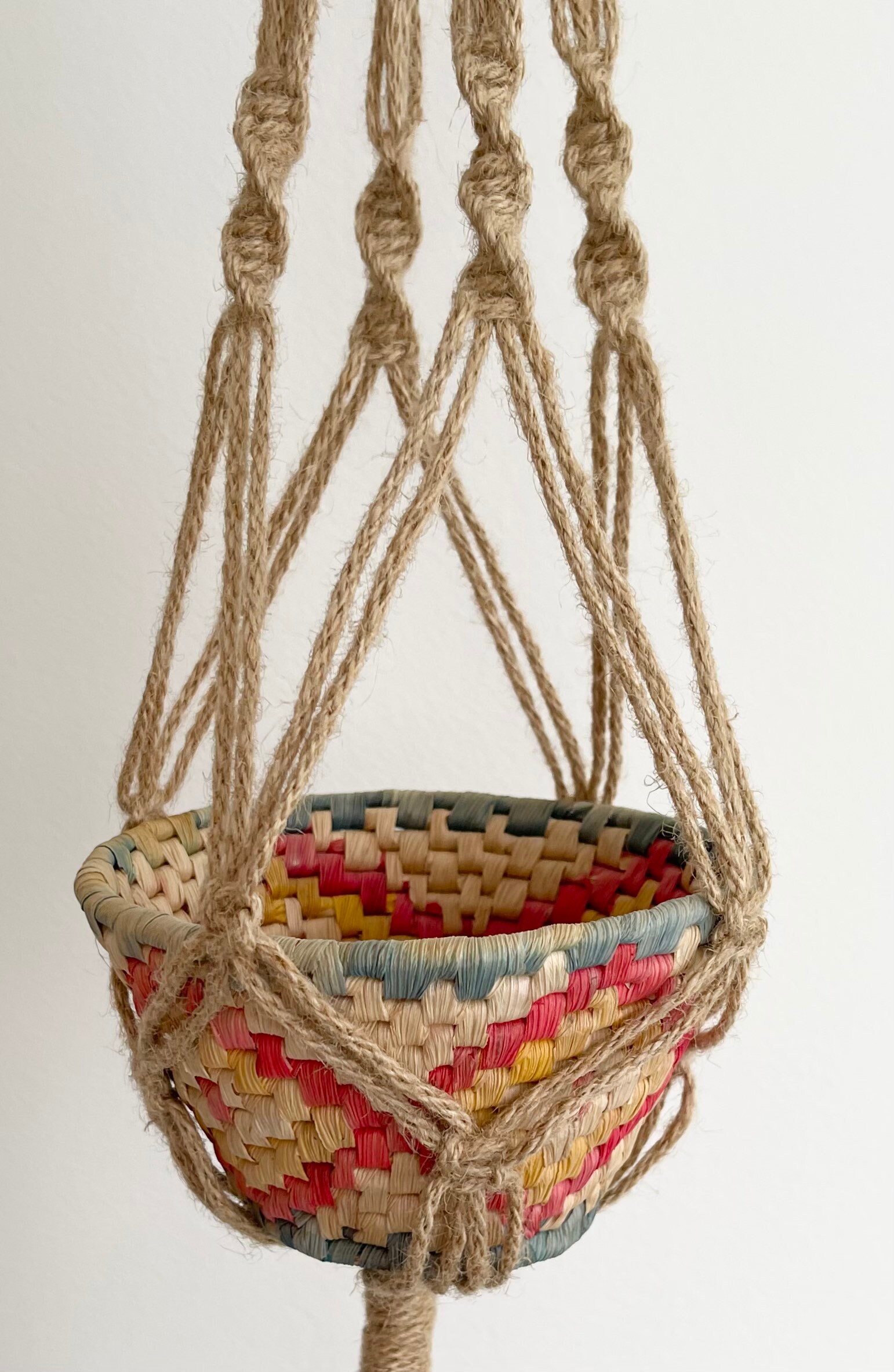 Boho Hanging Basket Planter Very Faded Patina Small Size Hemp Macrame