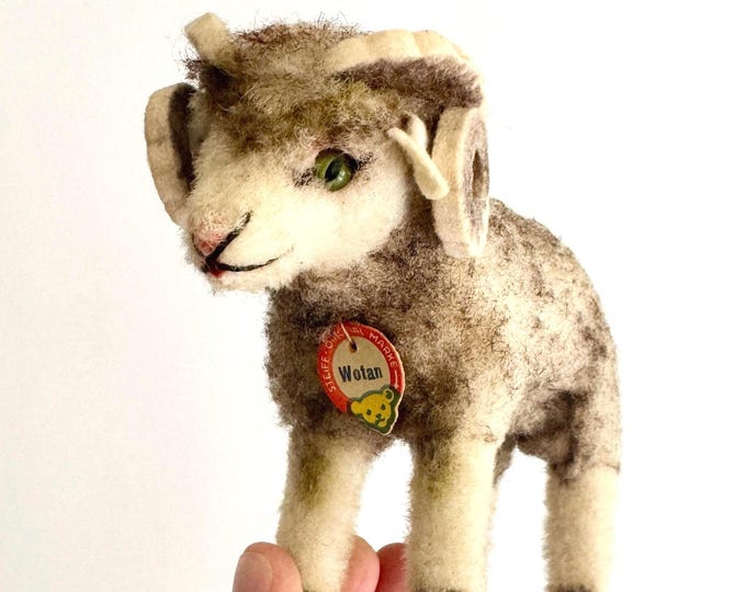 Vintage Steiff Wool Ram Wotan Bear Logo Neck Tag Collectible Stuffed Animals Curved Felted Wool Horns