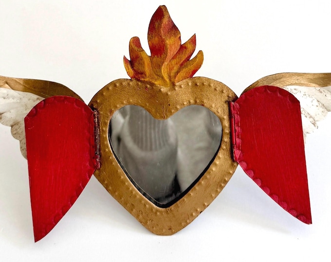 Vintage Sacred Heart Mirror Folding Doors Mexican Religious Folk Art Small Decorative Painted Metal Table Mirror with Stand
