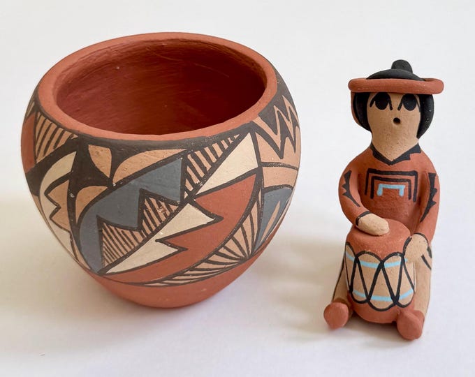 Vintage Native American Pottery Pot and Figurine with Drum Vintage Art Signed Jemez Pueblo Southwest New Mexico Art Neutral Earth Tone