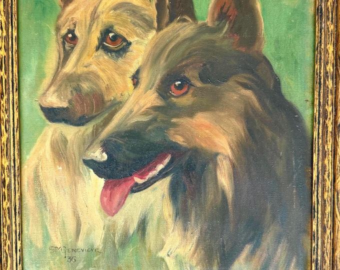 Antique Dog Oil Painting Signed S M Genevieve '36 Pair of German Shepherds