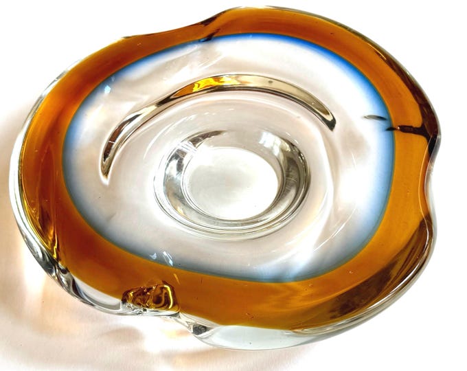 Heavy Thick Glass Ashtray Dish Mid Century Vintage Minimalist Sleek Sculptural Amber Blue Clear Geode Glass Likely Italian Murano