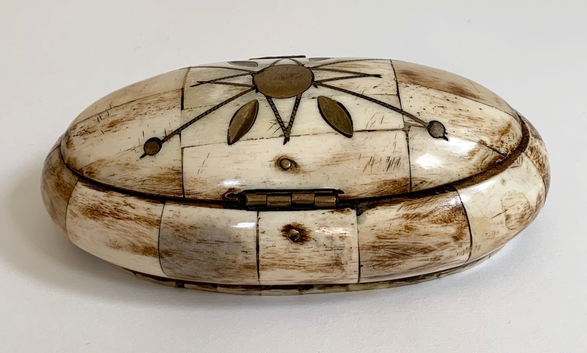 Brass Bone Inlay Box with Hinged Lid Vintage Antique Boxes Trinket Box Velvet Lined Oval Shape